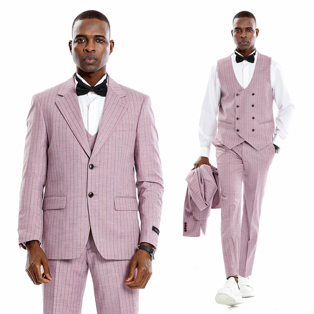 Men's Pinstripe 3-Piece Suit w/ Double Breasted Vest, Dusty Rose
